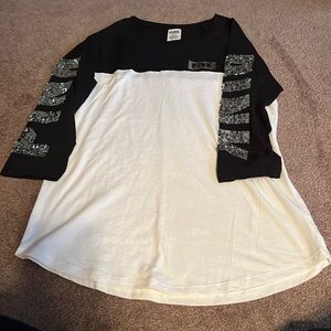 PINK black and white baseball tee with silver sequence detail